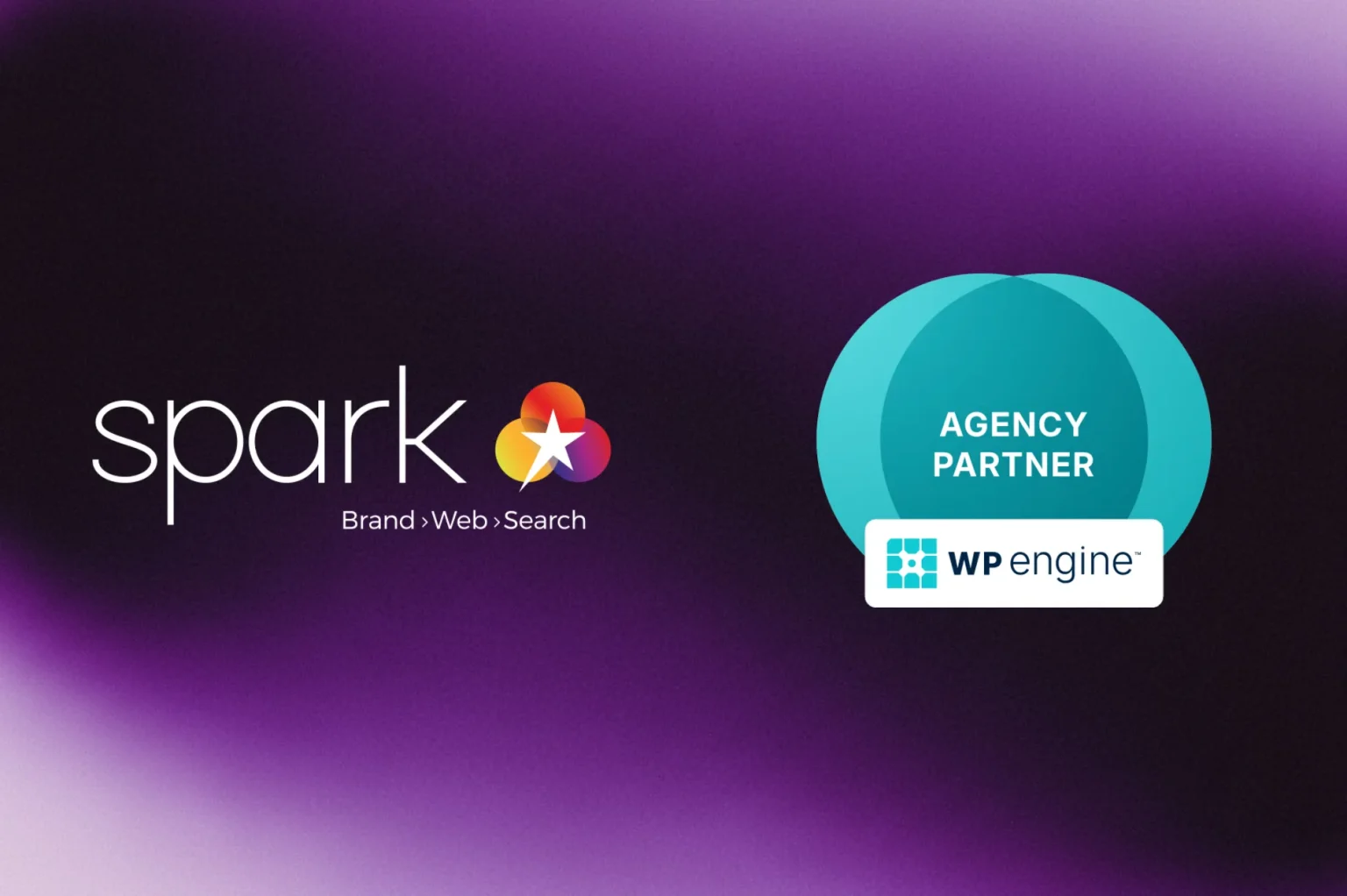 Spark logo with "Brand · Web · Search" text on the left, WP Engine Agency Partner badge on the right, set against a purple gradient background—ideal for Australian businesses seeking expert hosting solutions.
