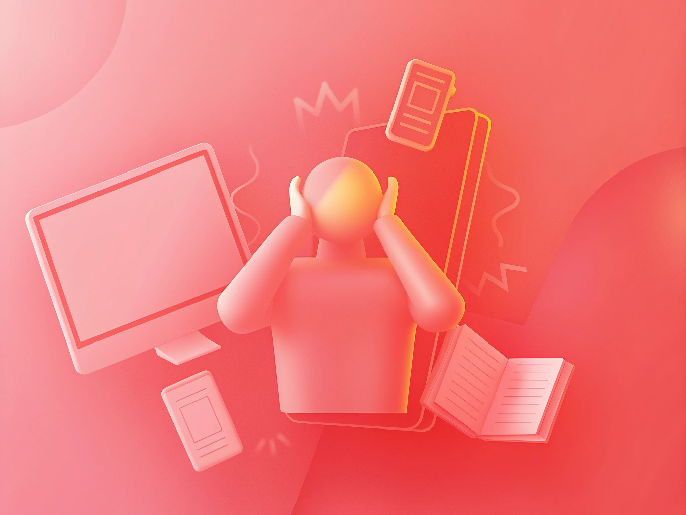 A stylized figure holds its head while surrounded by a computer, phone, notebook, and tablet, suggesting information fatigue or the struggle to filter information and focus on what matters amid digital overwhelm.