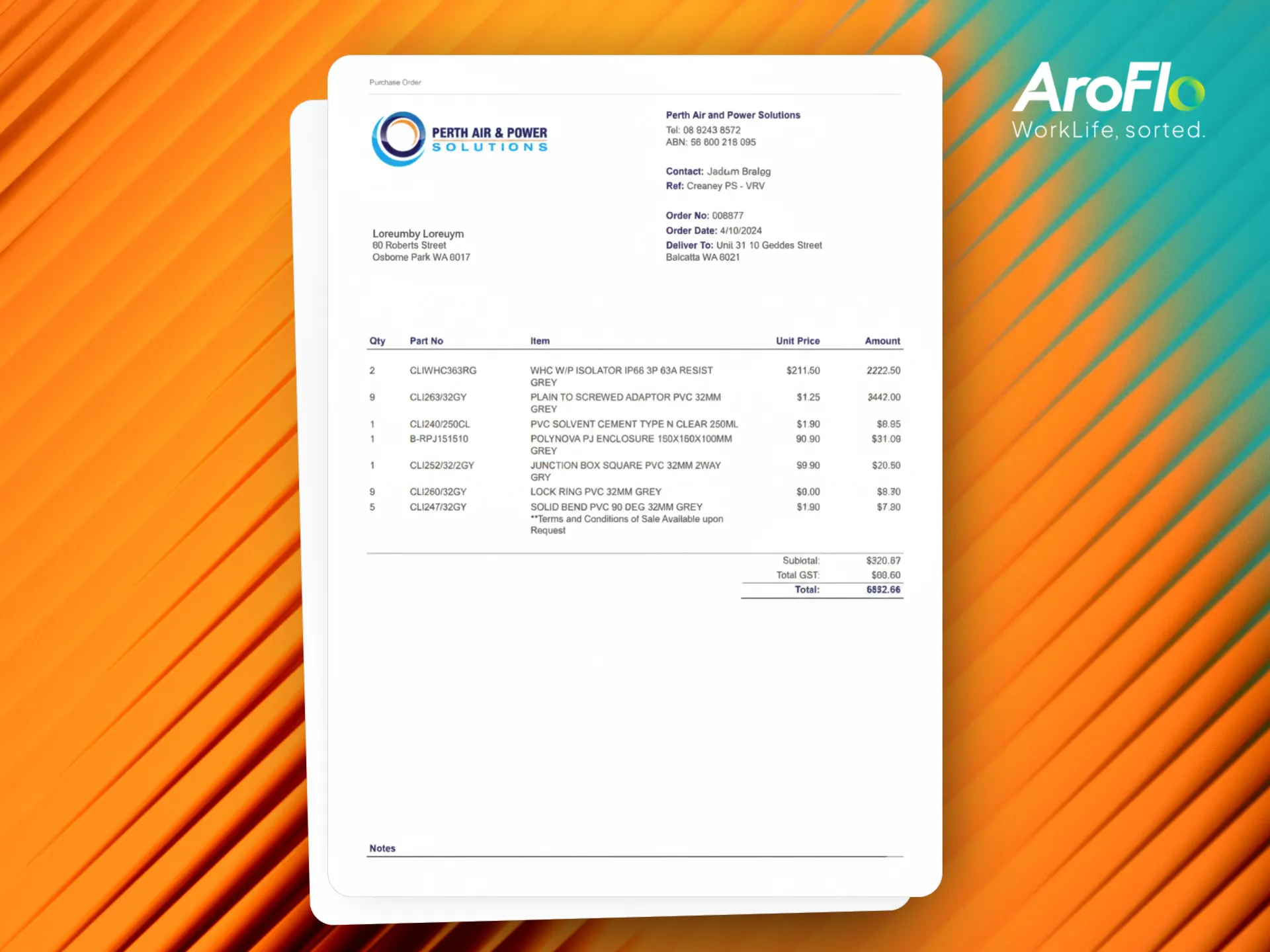 An invoice from Perth Air & Power Solutions is displayed on a vibrant orange background with diagonal lines, showcasing job details and totals—perfectly formatted using Aroflo templates for clear field service documentation.