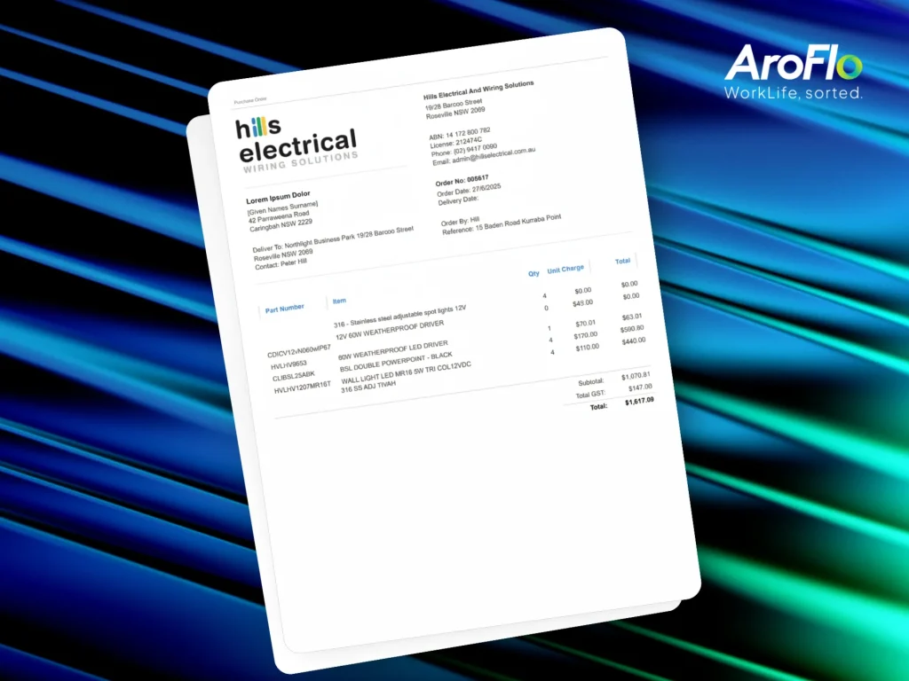 A digital invoice from Hils Electrical Wiring Solutions, created using Aroflo templates, is displayed against a blue abstract background, detailing parts, services, quantities, and costs.
