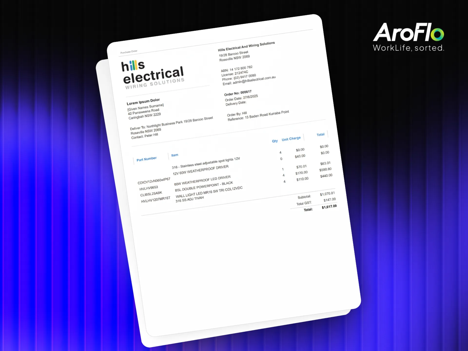 An invoice from Hills Electrical Wiring Solutions is displayed on a blue gradient background, showing itemized electrical services and costs. The AroFlo logo appears in the top right corner, highlighting the use of Aroflo templates for field service documentation.