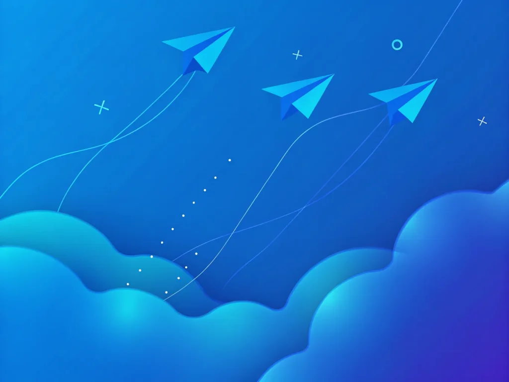 Three blue paper airplanes fly upward above stylized blue clouds on a blue background with geometric shapes and dotted lines, capturing the spirit of innovation.