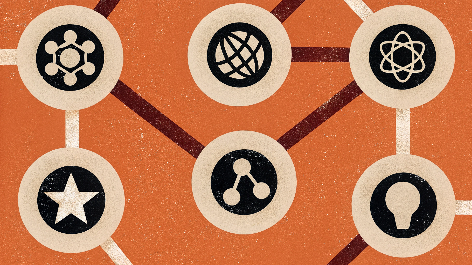 Six beige circles with black science and technology icons, including a globe, atom, star, and lightbulb, are connected by lines on an orange background.