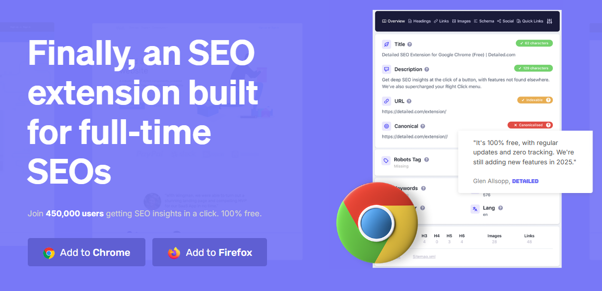 Screenshot of a website promoting an essential SEO extension for Chrome and Firefox, highlighting powerful SEO tools, user testimonials, browser icons, and a call-to-action perfect for any web designer to add the extension.
