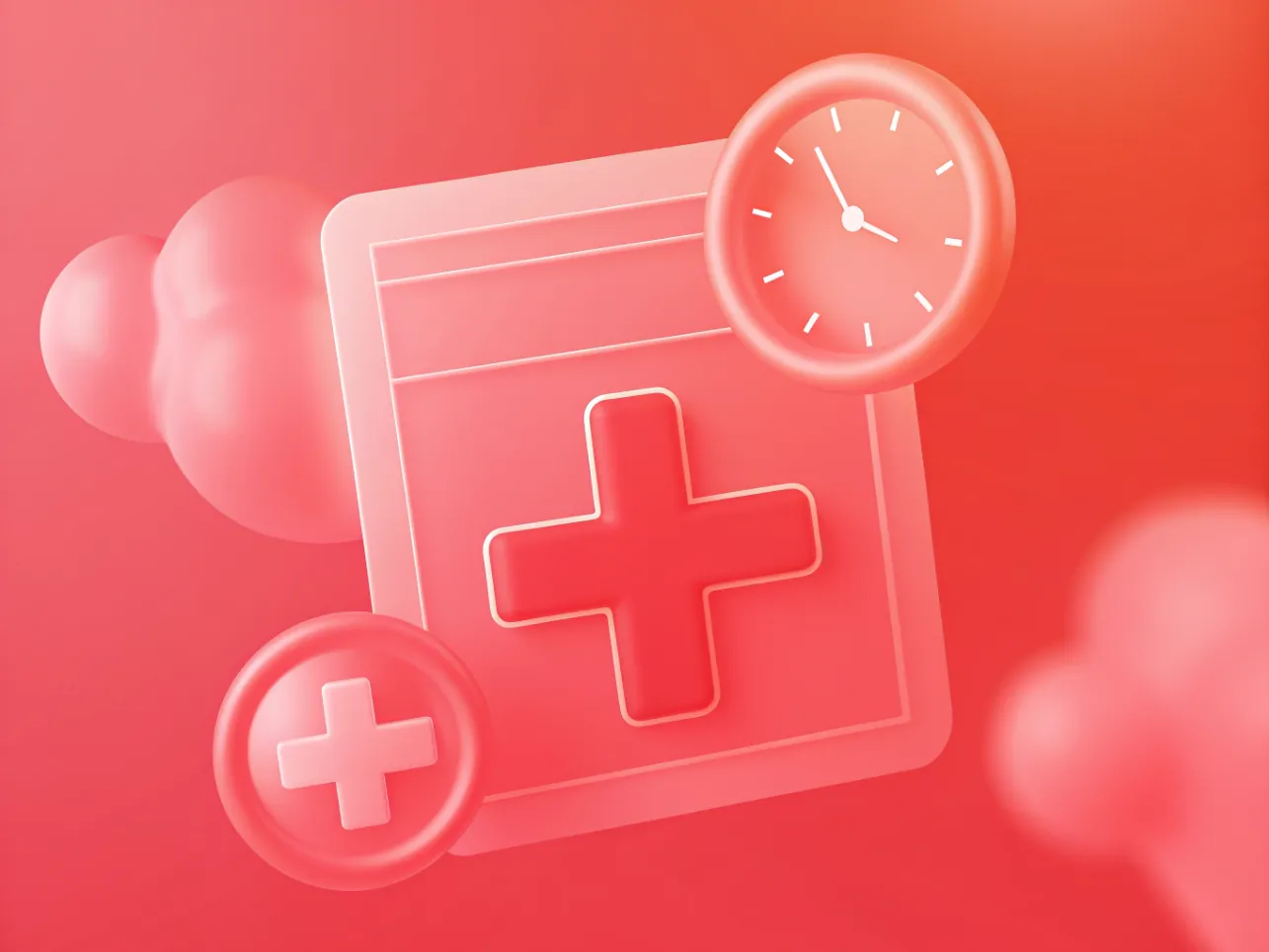 A red-toned graphic with medical cross symbols and a clock, this design captures themes of healthcare, time, and modern Healthcare Web Design.