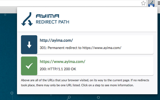 Screenshot of a browser extension displaying a 301 redirect from ayima.com to https://www.ayima.com/, followed by a 200 OK status—an essential example of SEO tools every web designer should know.