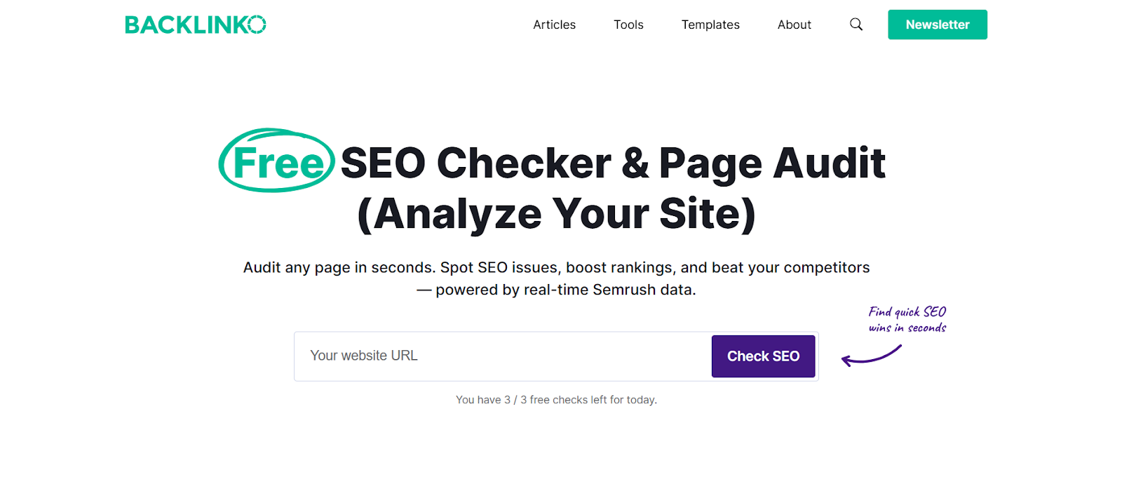 Screenshot of Backlinko website offering a free SEO Checker and Page Audit tool, with a field to enter a website URL and a "Check SEO" button.