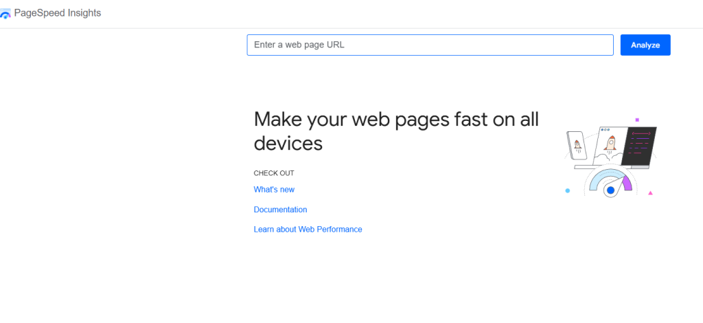 Screenshot of Google PageSpeed Insights homepage with a URL input field, “Analyze” button, and essential resources for web performance improvement—an invaluable SEO tool for any web designer.