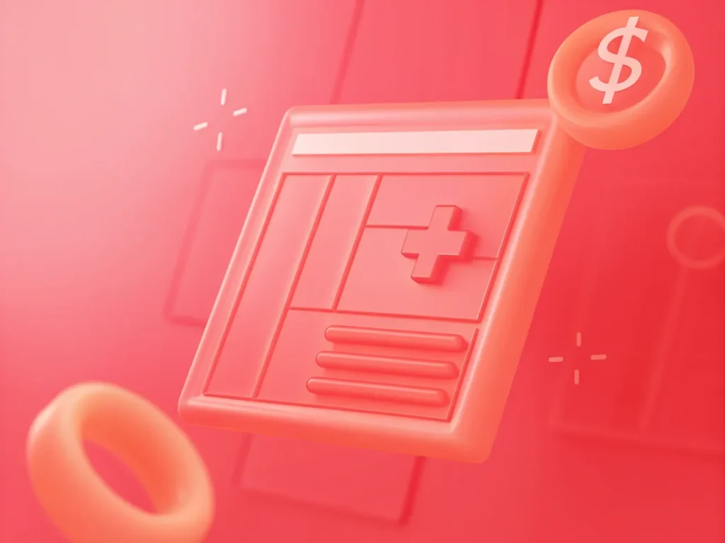 3D illustration of a medical form icon with a dollar sign and circular elements on a red background, symbolizing healthcare costs in modern Healthcare Web Design.