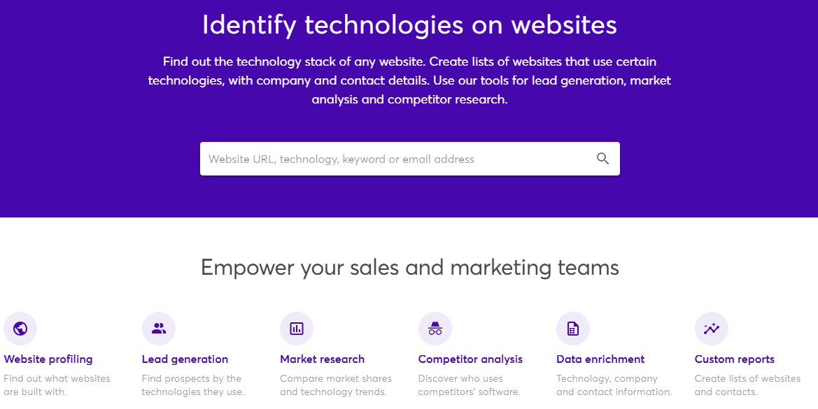 A website interface offering essential tools to identify technologies on websites, with a search bar and icons for website profiling, lead generation, market research, competitor analysis, data enrichment, reports, and SEO tools.