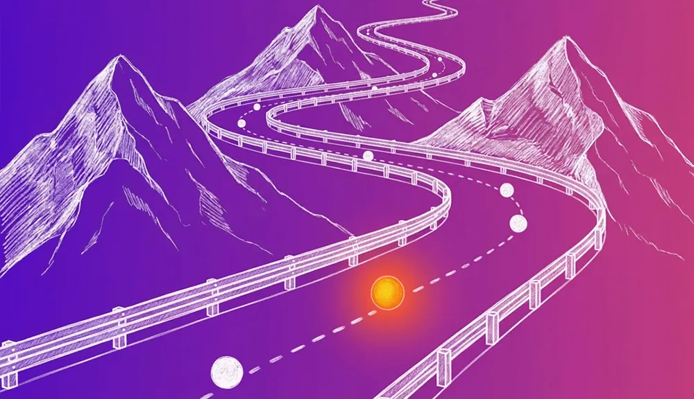 Illustration of a winding road with AI guardrails passing through mountains, featuring glowing spheres along the path on a purple and pink gradient background.