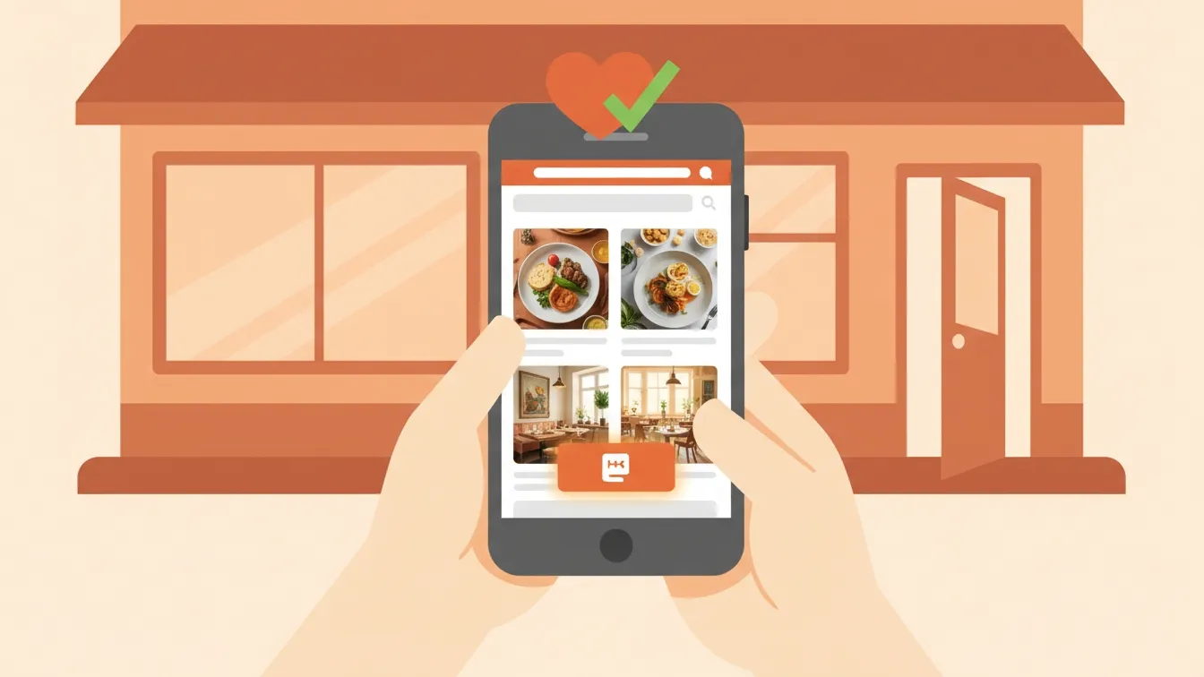 Illustration of hands holding a smartphone displaying a restaurant app with food photos, a heart icon, and a storefront in the background, highlighting modern restaurants web design.