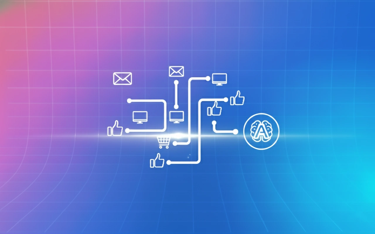 A digital network diagram showing interconnected icons for email, shopping cart, computers, thumbs up, and a brain on a blue and pink gradient grid background—perfect for illustrating an AI Informed Brand Journey or shaping your brand strategy.