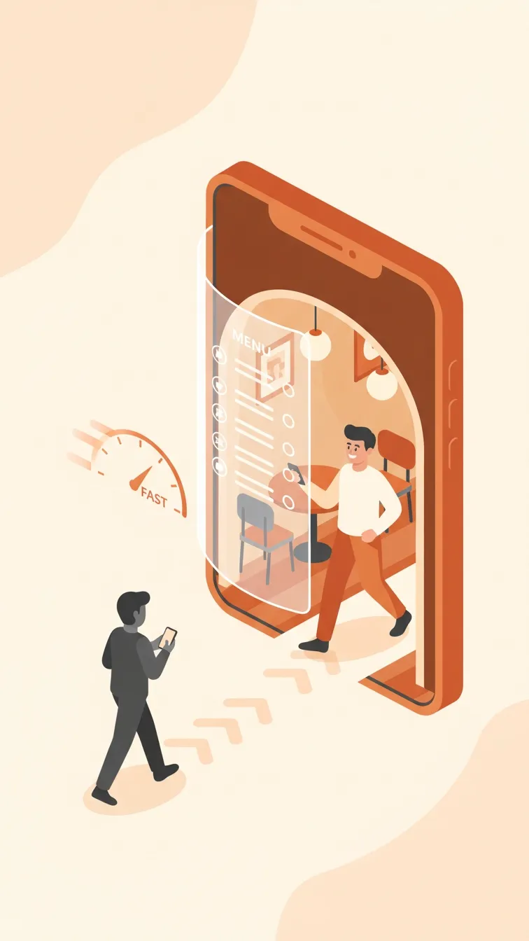 Illustration of a person using a phone as another steps out of a giant smartphone displaying a restaurant menu, symbolizing fast digital service and the impact of innovative Restaurants Web Design.