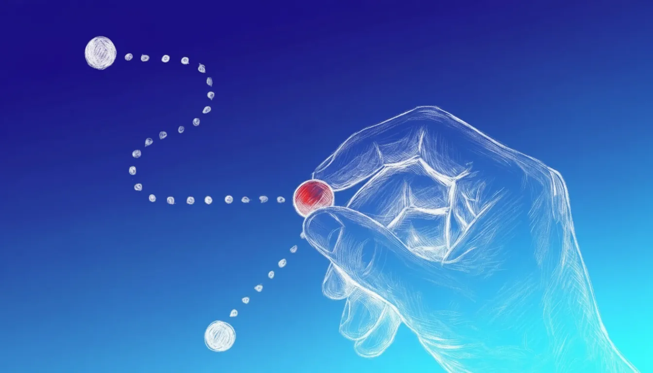A translucent hand holds a red marble, with a dotted path from a white marble, suggesting an AI Informed Brand Journey and decision-making against a blue gradient background.