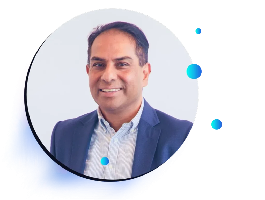 A man wearing a navy blazer and light-colored shirt smiles at the camera against a white background with blue abstract graphic elements, promoting a webinar focused on closing the perception gap.