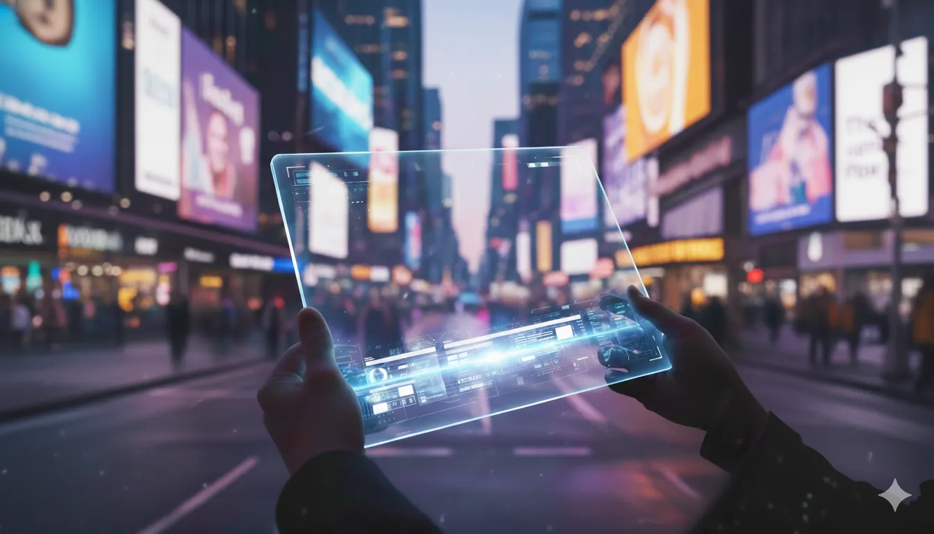 A person holds a transparent digital tablet displaying virtual data powered by AI while standing on a busy city street with bright billboards and blurred pedestrians at dusk.