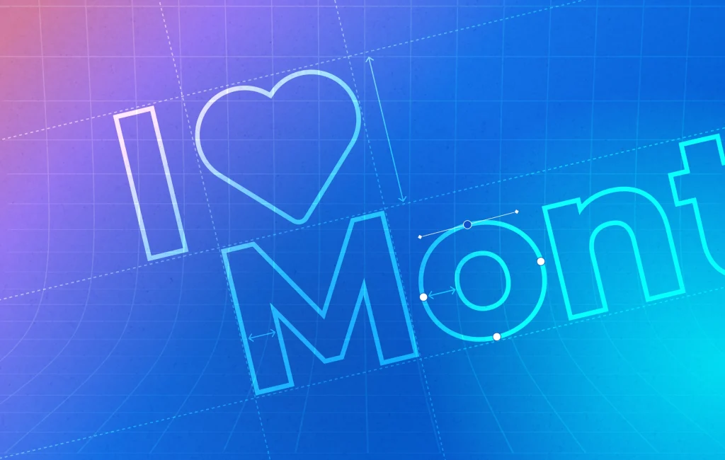 Blueprint-style graphic with the text "I ♥ Mont," where "♥" replaces "love," shown in outlined, editable Montserrat typography on a blue gradient grid background.