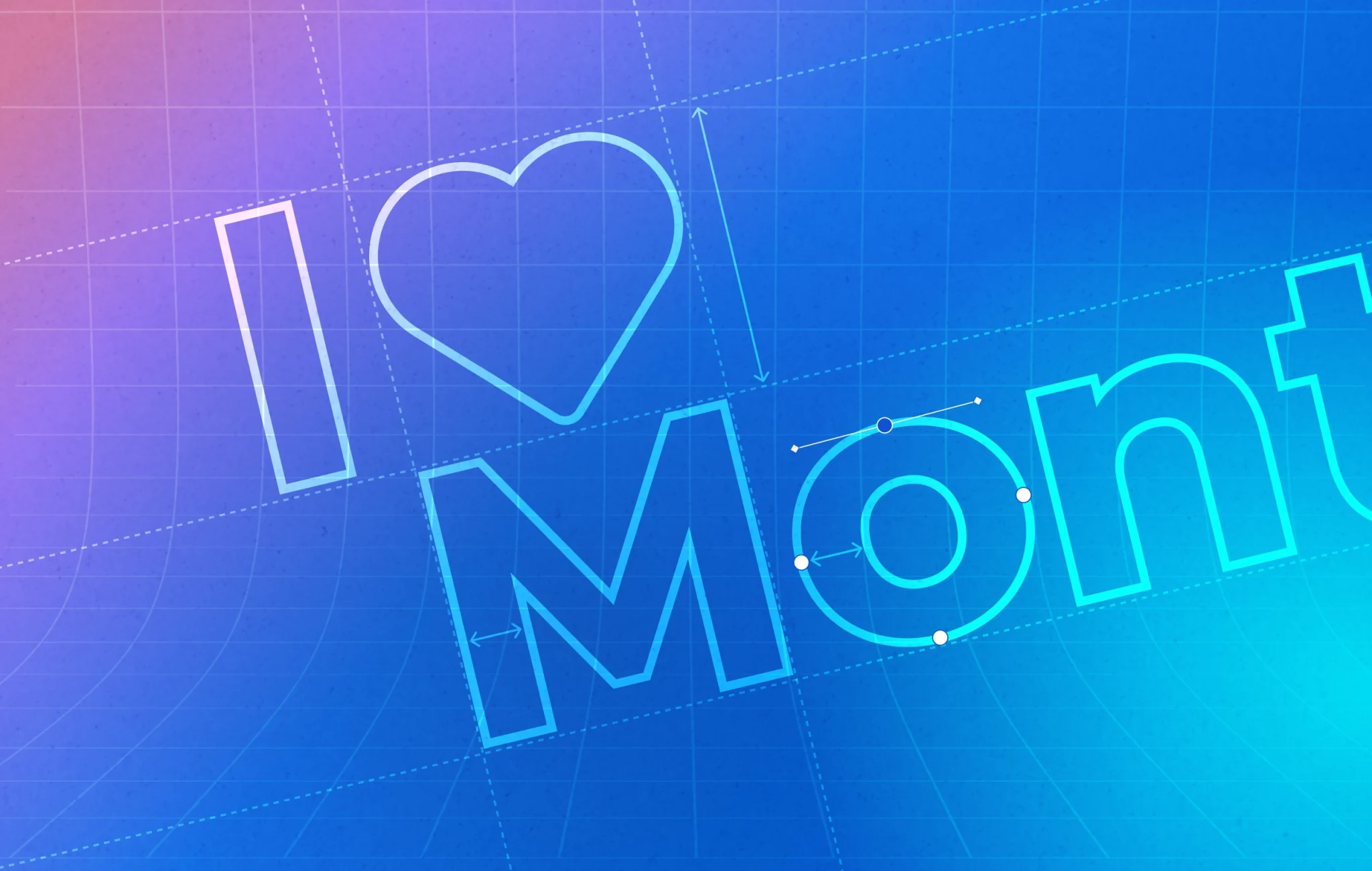 Blueprint-style graphic with the text "I ♥ Mont," where "♥" replaces "love," shown in outlined, editable Montserrat typography on a blue gradient grid background.