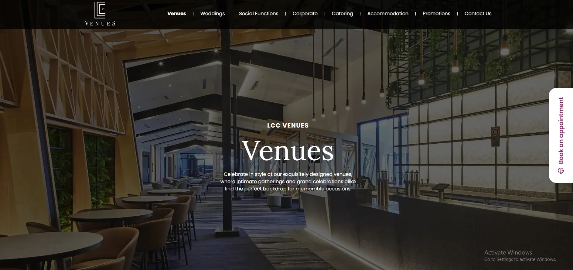 Modern indoor venue with contemporary seating, stylish lighting, and high ceilings, showcased on a website inspired by Restaurants Web Design, promoting event spaces at LCC Venues.