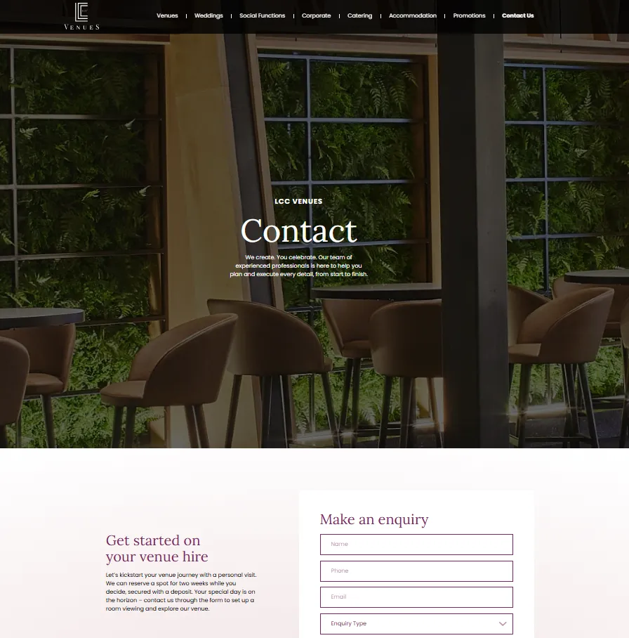 Contact page of LCEC Venues website featuring a window with green plants outside, contact details, enquiry form for name, phone, email, and enquiry type—crafted with the finesse of Restaurants Web Design for an inviting user experience.