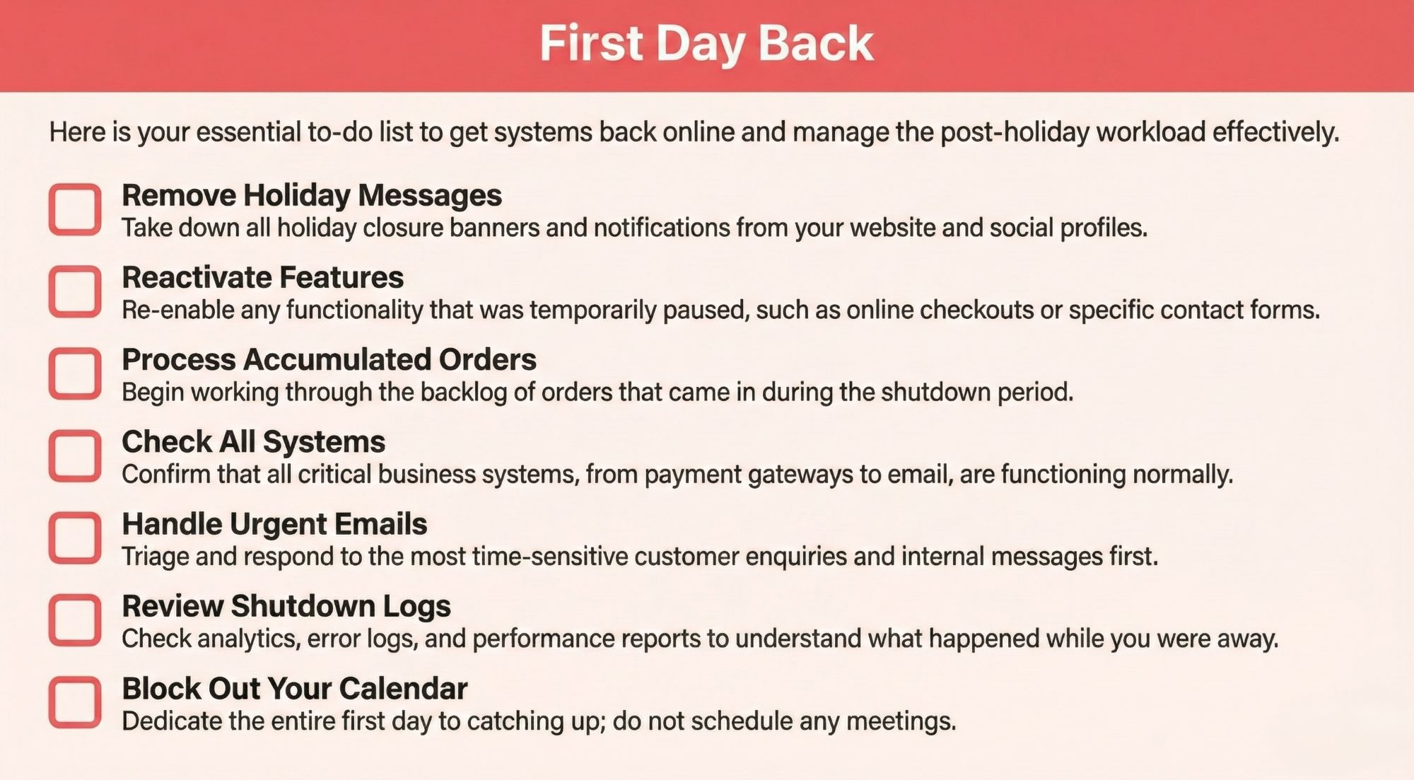 A checklist titled "First Day Back" outlines seven post-holiday tasks for managing systems and workload, serving as a helpful holiday shutdown checklist with steps like removing messages, reactivating features, and checking logs.