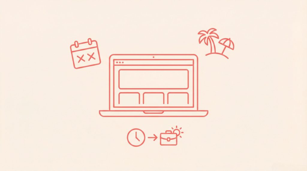 Red line art of a laptop with a web page on its screen, a crossed-out calendar, clock with arrow to wallet, and a palm tree with beach umbrella—perfect for illustrating website preparation or your holiday shutdown checklist.