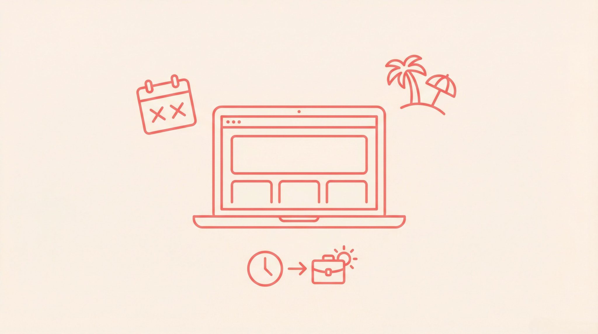 Red line art of a laptop with a web page on its screen, a crossed-out calendar, clock with arrow to wallet, and a palm tree with beach umbrella—perfect for illustrating website preparation or your holiday shutdown checklist.