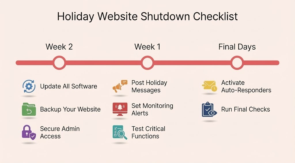 A timeline checklist for a website holiday shutdown, showing tasks for Week 2, Week 1, and Final Days with corresponding icons for each task to simplify your holiday shutdown preparation.