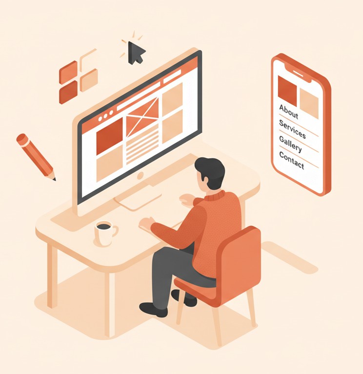 Illustration of a person in Bankstown working at a desk on a computer with a website layout on the screen, alongside a mobile phone displaying web design navigation options.