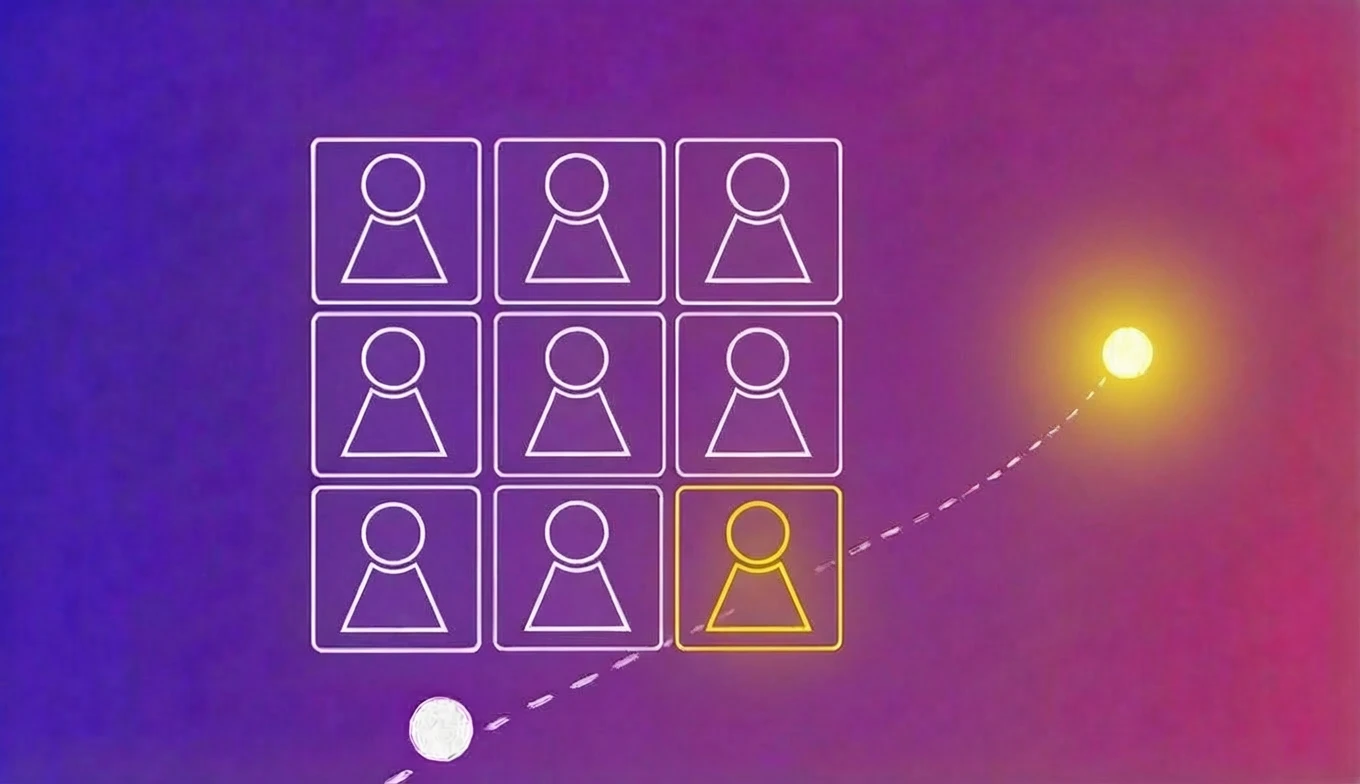 A grid of nine outlined person icons, with one highlighted in yellow to attract team members; a white dot moves out from it toward a glowing yellow circle on a purple gradient background.
