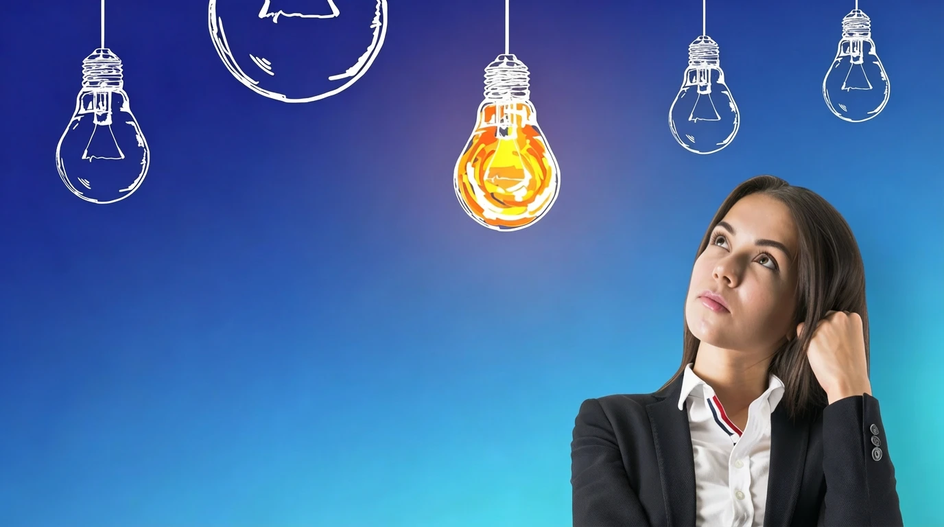 A woman in a suit looks up thoughtfully at illustrated light bulbs on a blue background, with one bulb illuminated above her, symbolizing thought leadership and inspiring future team members.