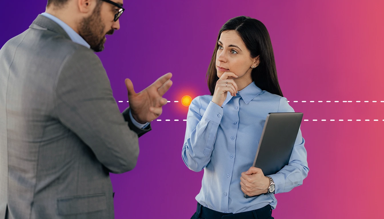 A man in a suit gestures while discussing content ideas with a woman holding a laptop, standing against a purple gradient background with dotted lines.
