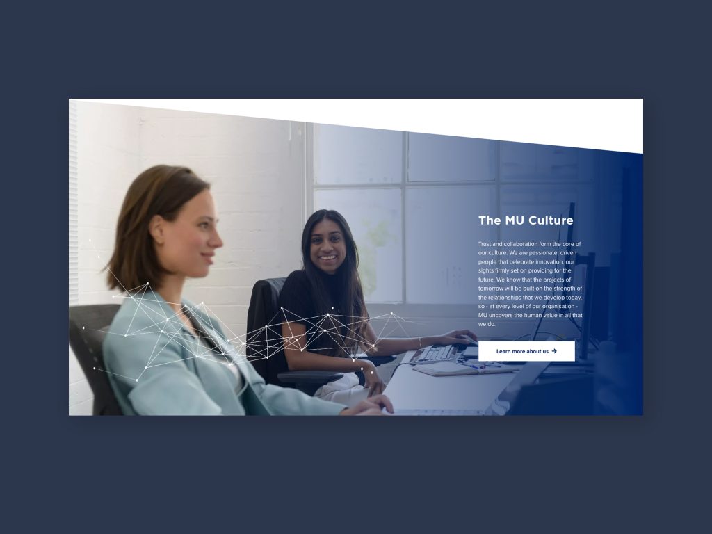 Two women sit at desks in a modern office, one smiling at the camera. White geometric lines overlay the image. Text about "The MU Culture" highlights thought leadership and a button invites future team members to learn more.