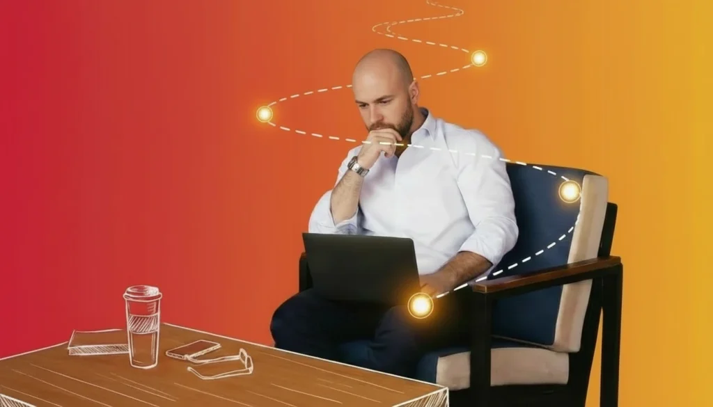 A man sits in an armchair using a laptop, with drawn lines and glowing dots around him, exploring content creation. On the table in the foreground are a coffee cup, phone, and glasses.