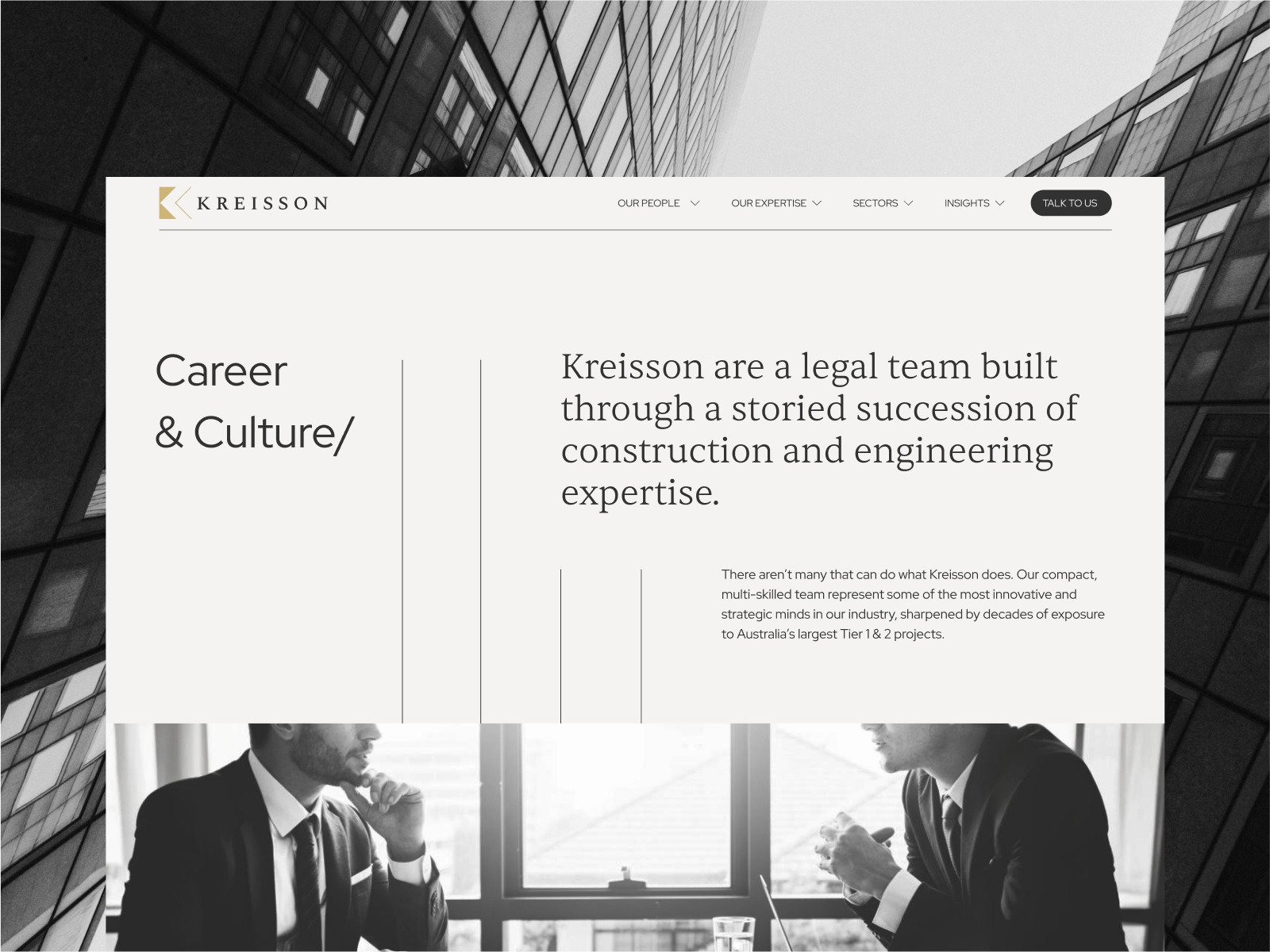 A website page for Kreisson displays the company logo, navigation menu, and text highlighting the legal team's thought leadership, with a black-and-white image of two people in business attire featured at the bottom.