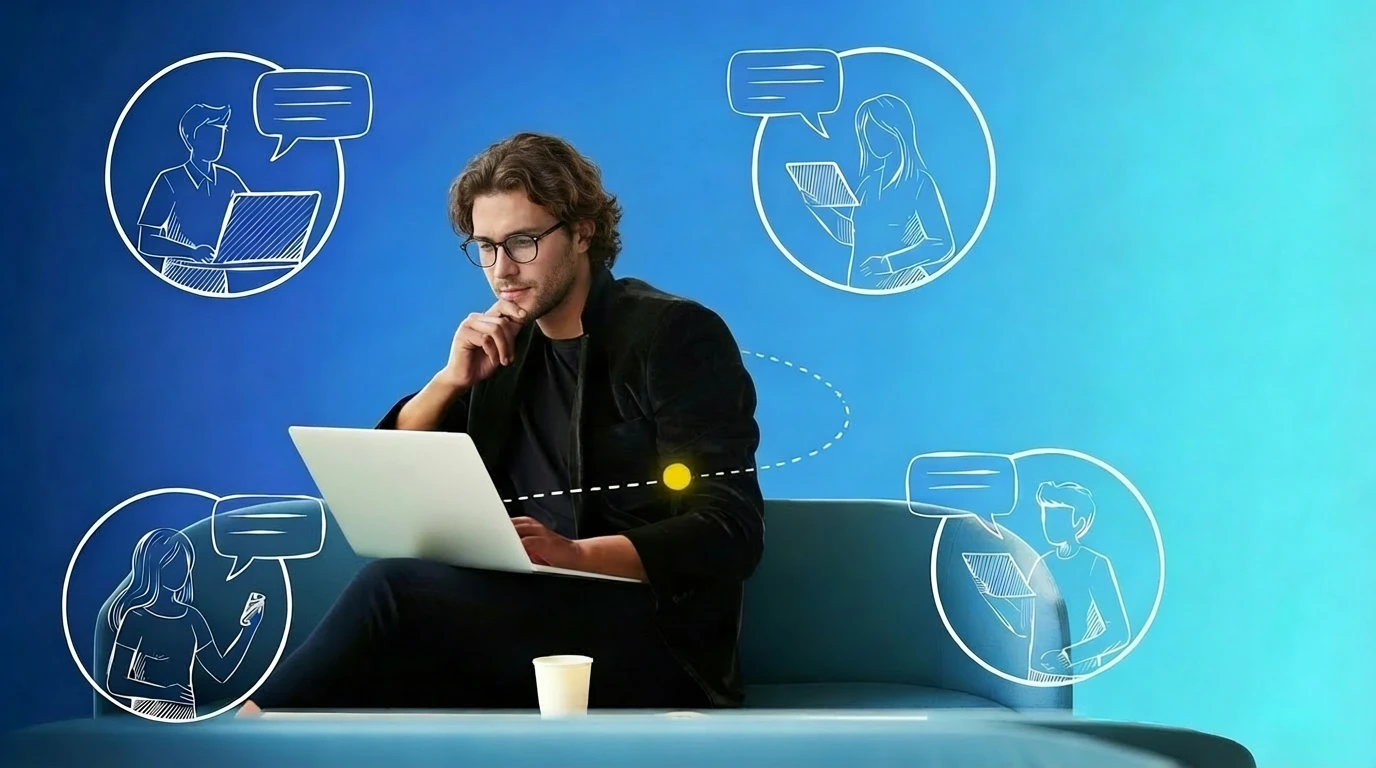 A person sits on a couch using a laptop, surrounded by illustrated figures representing virtual communication with others—highlighting the importance of a consistent employer branding strategy. A coffee cup is on the seat beside them.