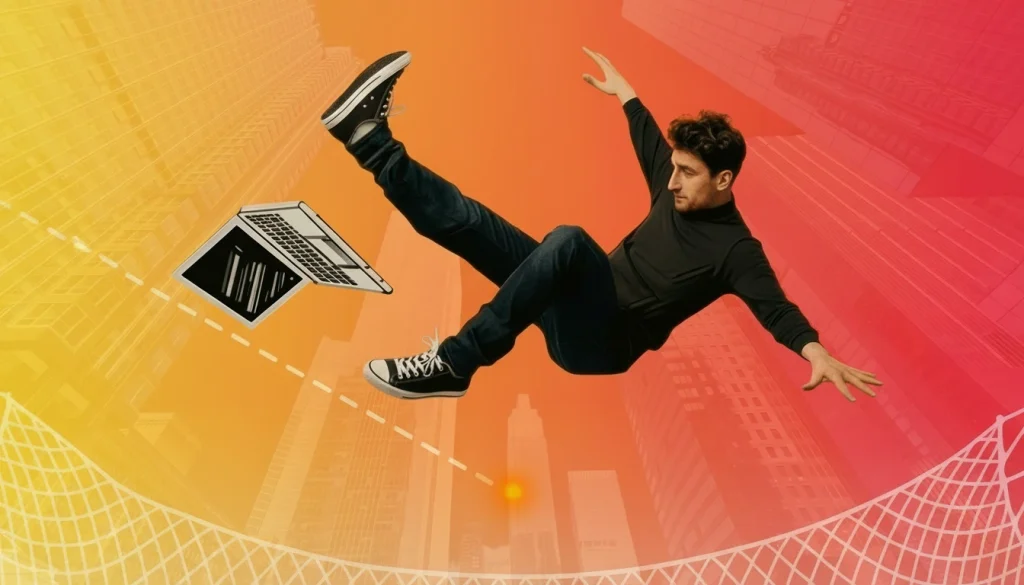 A man in casual clothes appears to be falling with a laptop and tablet against an orange gradient background, with a dotted line and net illustration below—symbolizing the safety of sales protection.