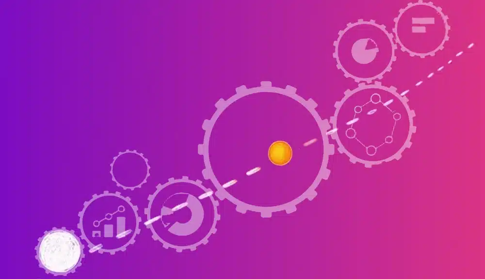 Illustration of interconnected gears with data charts inside, symbolizing business process improvement, set against a pink to purple gradient background, with a dashed line passing through the gears.