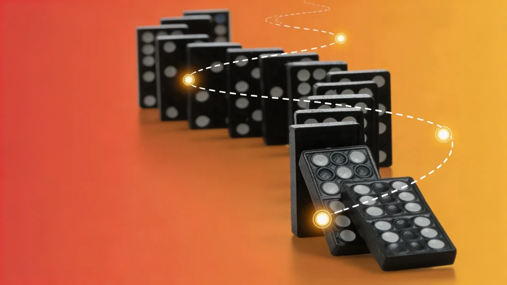A row of black dominoes is falling over on an orange gradient background, with a dotted line and glowing points illustrating the seamless flow of B2B automation at work.