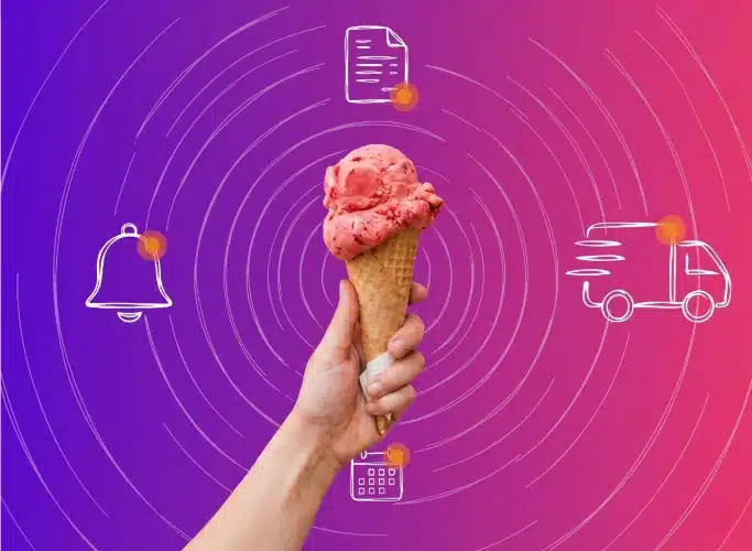 A hand holds a strawberry ice cream cone against a gradient background with icons of a bell, document, calendar, and delivery truck—symbolizing an efficient delivery workflow.