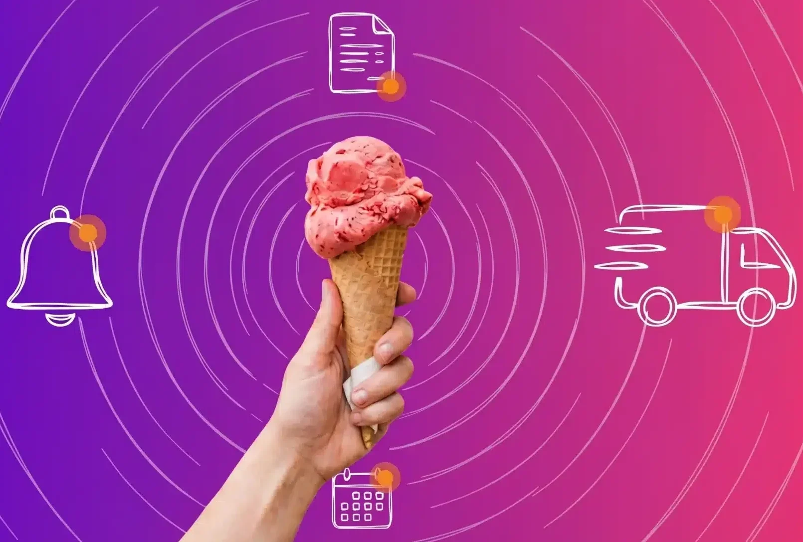 A hand holds a strawberry ice cream cone in front of a pink and purple gradient background with icons of a bell, calendar, document, and delivery truck, symbolizing smooth systems integration in the delivery workflow.