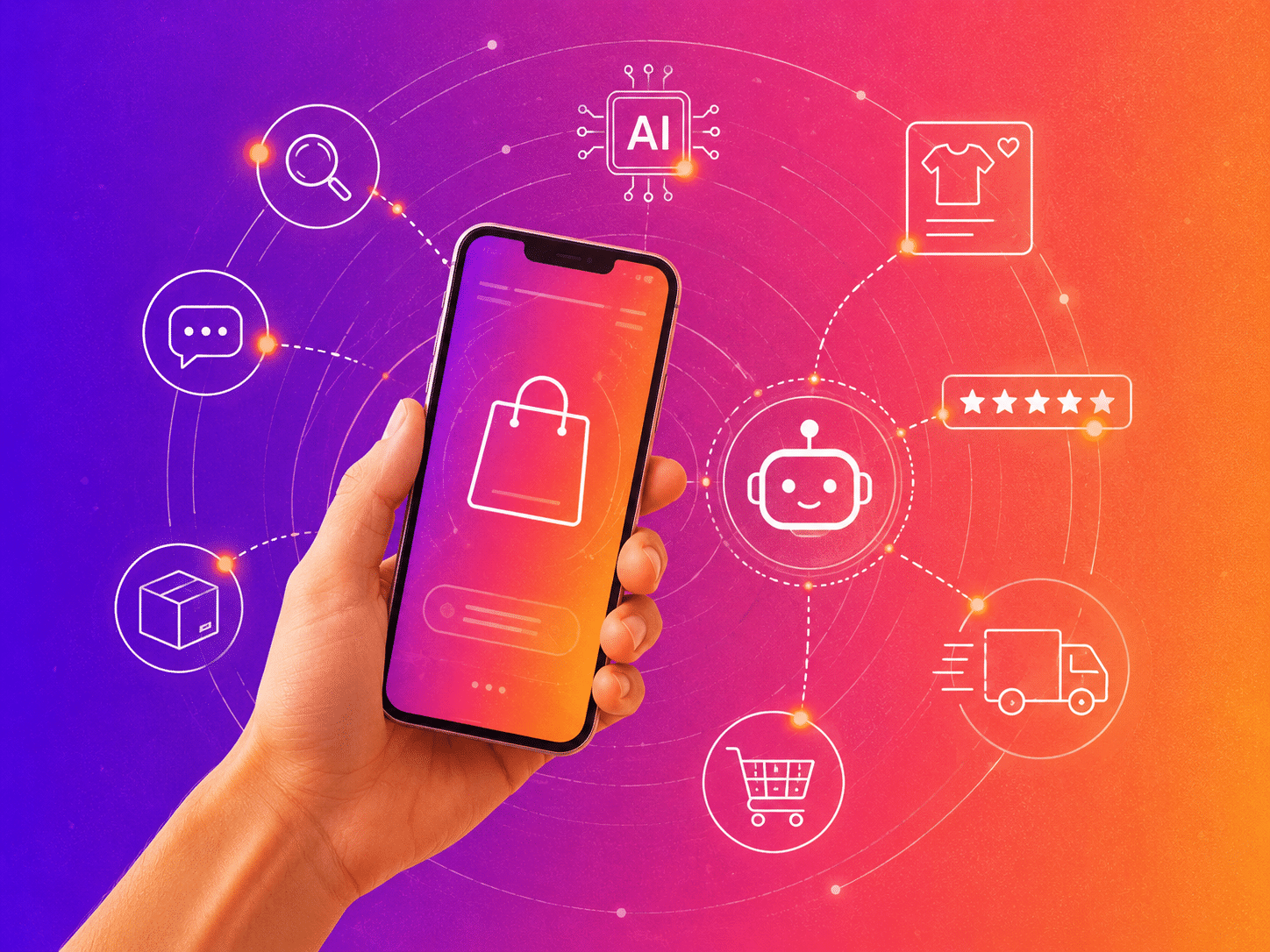 A hand holds a smartphone with a shopping bag icon, surrounded by digital icons representing AI buying agents, chatbots, ecommerce, delivery, and rating systems on a colorful gradient background.