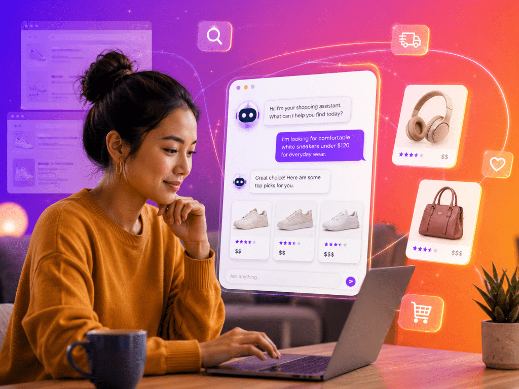 A woman uses a laptop with an AI buying agent on screen, surrounded by floating images of headphones, shoes, and a handbag—a vibrant scene showcasing how ecommerce is transformed by smart shopping assistants and online retailers.