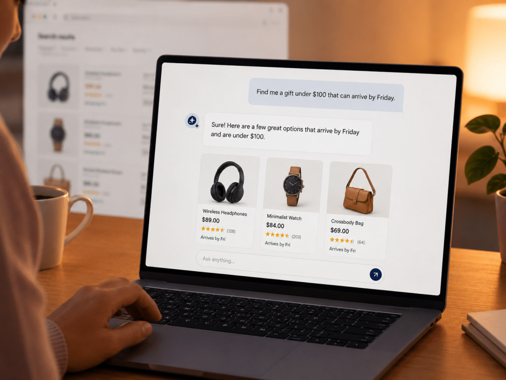 Person using a laptop to browse gift options under $100 from online retailers, including headphones, a watch, and a bag, with delivery information displayed—powered by AI buying agents for a seamless shopping experience.