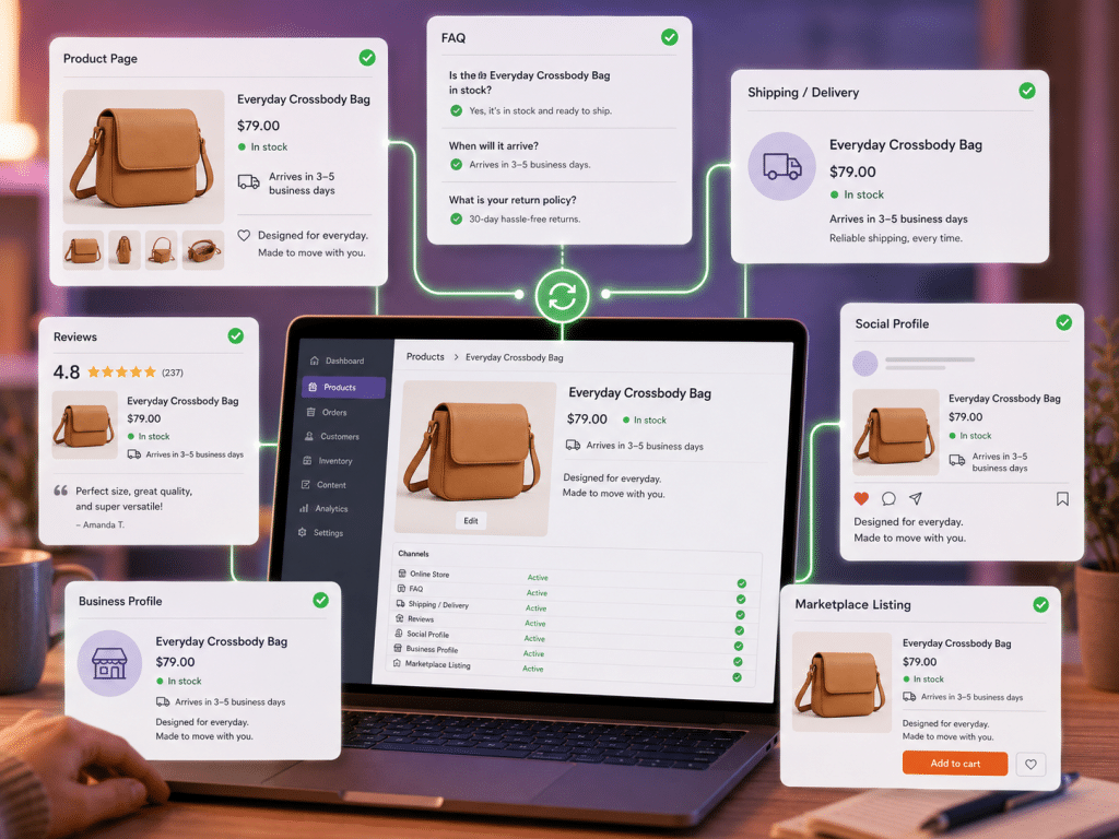 A laptop screen displays an “Everyday Crossbody Bag” product page, surrounded by pop-up windows with info from online retailers and reviews—showcasing how Agentic Commerce streamlines shopping across social, shipping, and FAQ details.