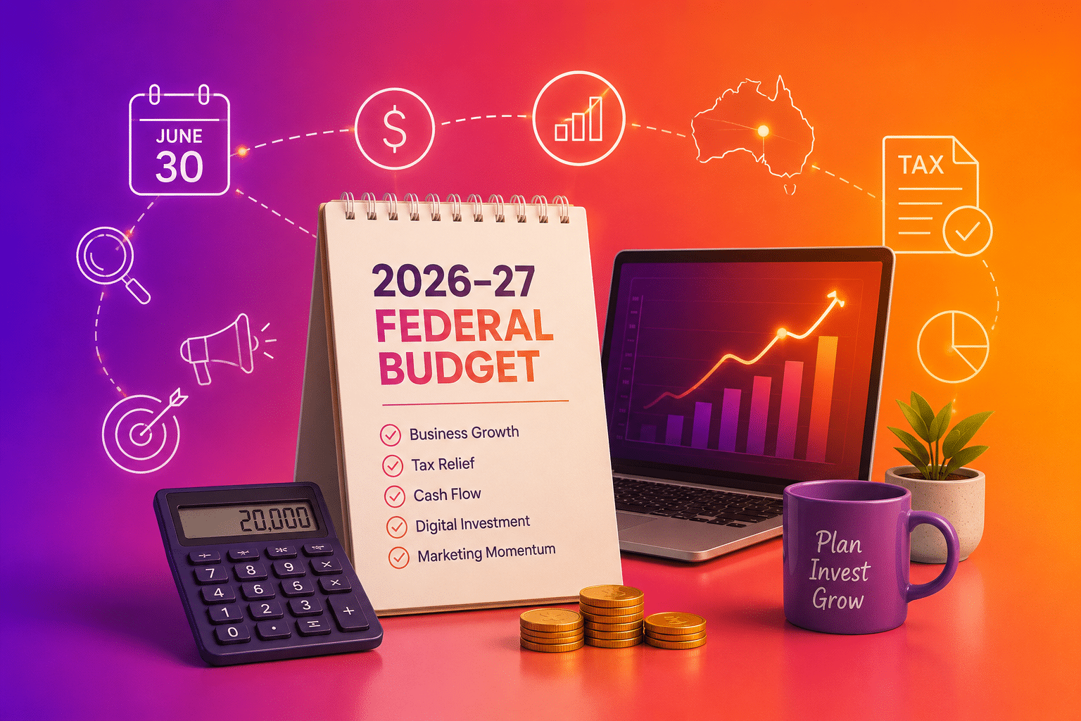 Desk with a 2026–27 Federal Budget calendar, calculator, coins, laptop showing growth chart, mug, plant, and tax-related icons on a colorful background highlighting the Federal Budget impact.