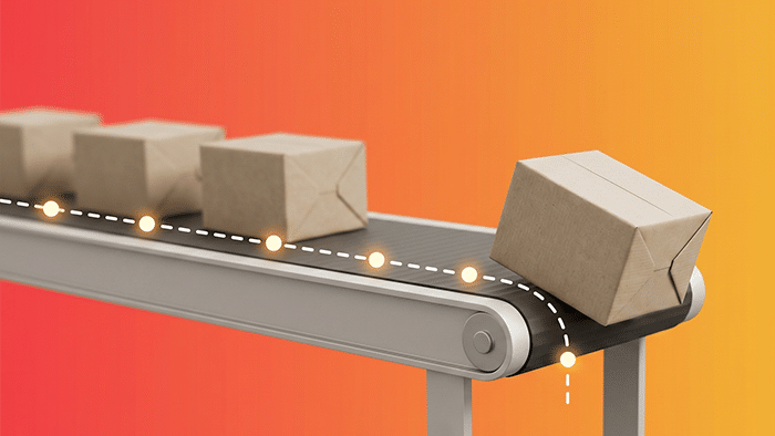 Several cardboard boxes move along a conveyor belt against an orange gradient background, illustrating how businesses face the automation gap as one box falls off the end of the belt.