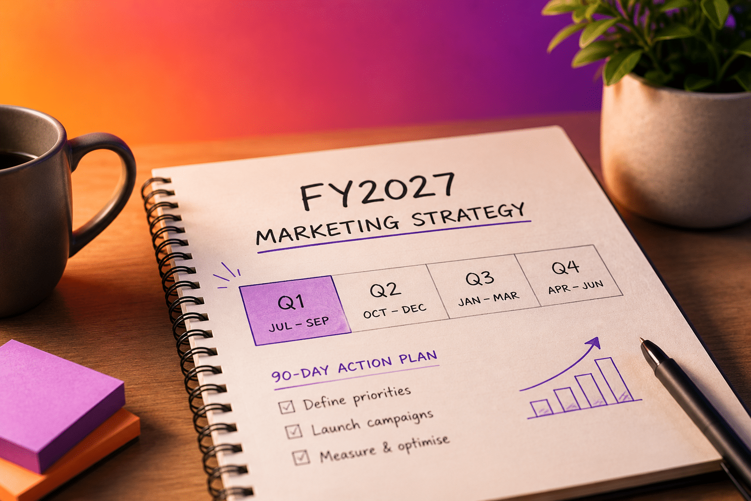 Notebook showing "FY2027 Marketing Strategy" with a quarterly breakdown and a 90-day action plan to start priorities, campaigns, and optimization, alongside coffee, a pen, and sticky notes.