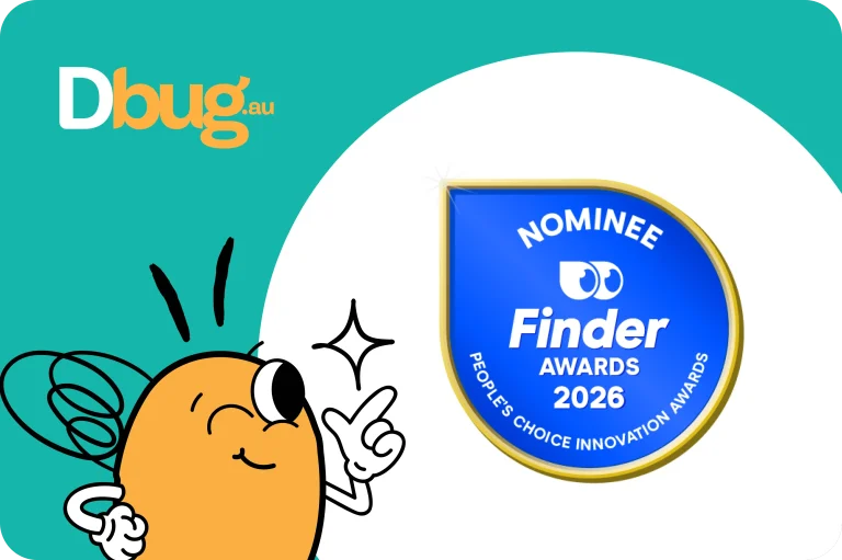 A cartoon bee points to a blue badge reading "Nominee Finder Innovation Awards 2026 People's Choice Innovation Awards Best UX Innovation" on a teal and white background, celebrating Spark Interact’s achievement.